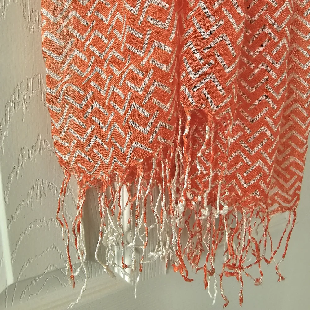 Boho Geometric Scarf Bright Modern Orange White Lightweight Fringe Summer Wrap